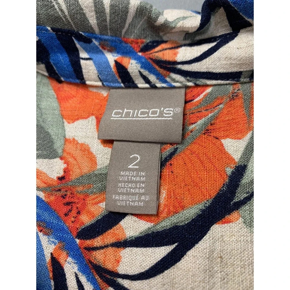Chicos Womens Shirt 2 Large Tropical Linen Hawaiian Travel Vacation Resort Beach